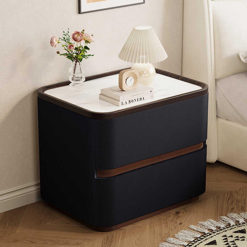 Table de chevet moderne minimaliste rectangulaire en cuir effet griffe de chat, plateau en pierre, pin massif, à 2 tiroirs pour chambre à coucher 