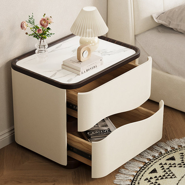 Table de chevet moderne minimaliste rectangulaire en cuir effet griffe de chat, plateau en pierre, pin massif, à 2 tiroirs pour chambre à coucher 