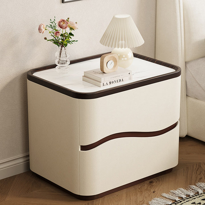 Table de chevet moderne minimaliste rectangulaire en cuir effet griffe de chat, plateau en pierre, pin massif, à 2 tiroirs pour chambre à coucher 