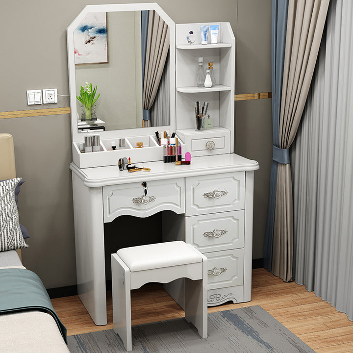 Contemporary Luxury Rectangular Medium Density Fiberboard Glass Makeup Vanity 5-Drawer For Bedroom