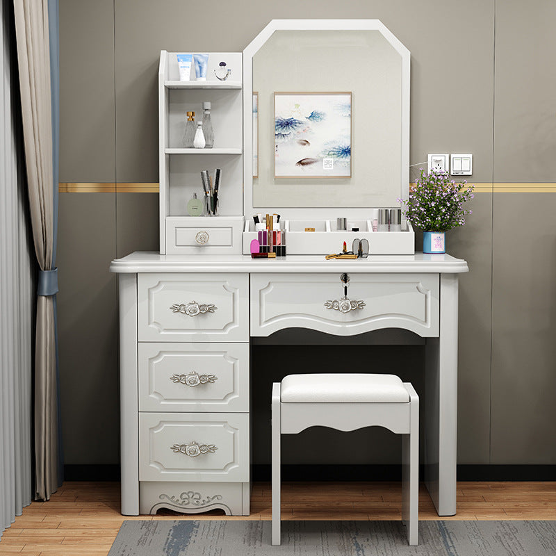 Contemporary Luxury Rectangular Medium Density Fiberboard Glass Makeup Vanity 5-Drawer For Bedroom
