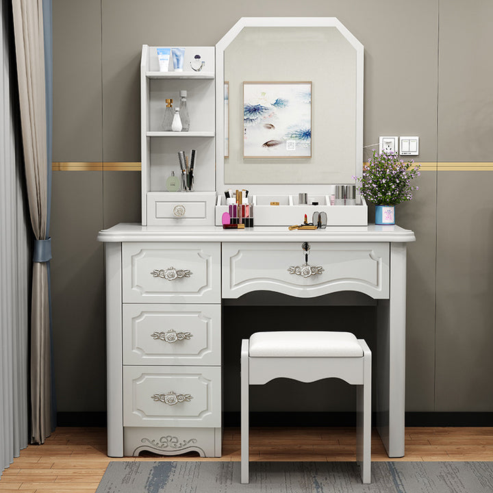 Contemporary Luxury Rectangular Medium Density Fiberboard Glass Makeup Vanity 5-Drawer For Bedroom