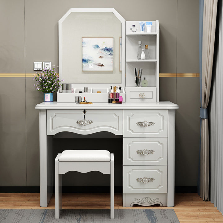 Contemporary Luxury Rectangular Medium Density Fiberboard Glass Makeup Vanity 5-Drawer For Bedroom