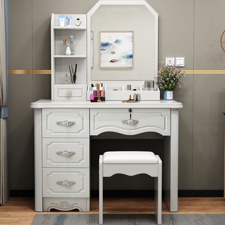 Contemporary Luxury Rectangular Medium Density Fiberboard Glass Makeup Vanity 5-Drawer For Bedroom