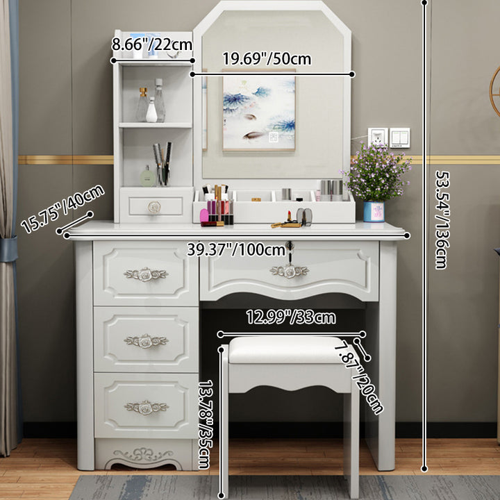 Contemporary Luxury Rectangular Medium Density Fiberboard Glass Makeup Vanity 5-Drawer For Bedroom