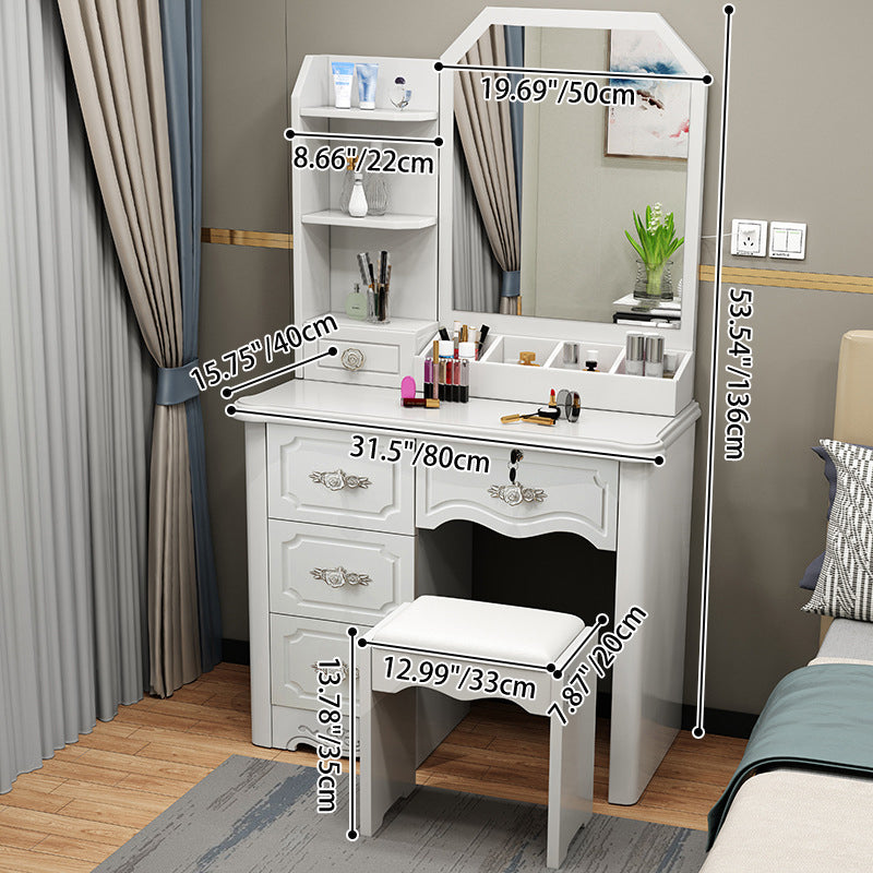Contemporary Luxury Rectangular Medium Density Fiberboard Glass Makeup Vanity 5-Drawer For Bedroom