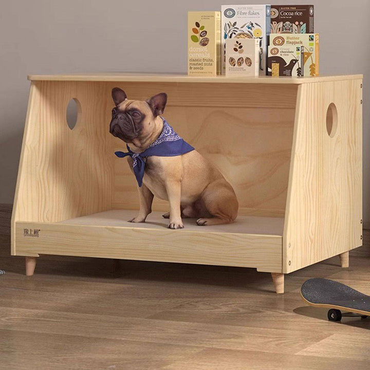 Lit pour chien et chat en tissu coton-lin rectangulaire minimaliste moderne en bois de pin massif pour chambre à coucher 