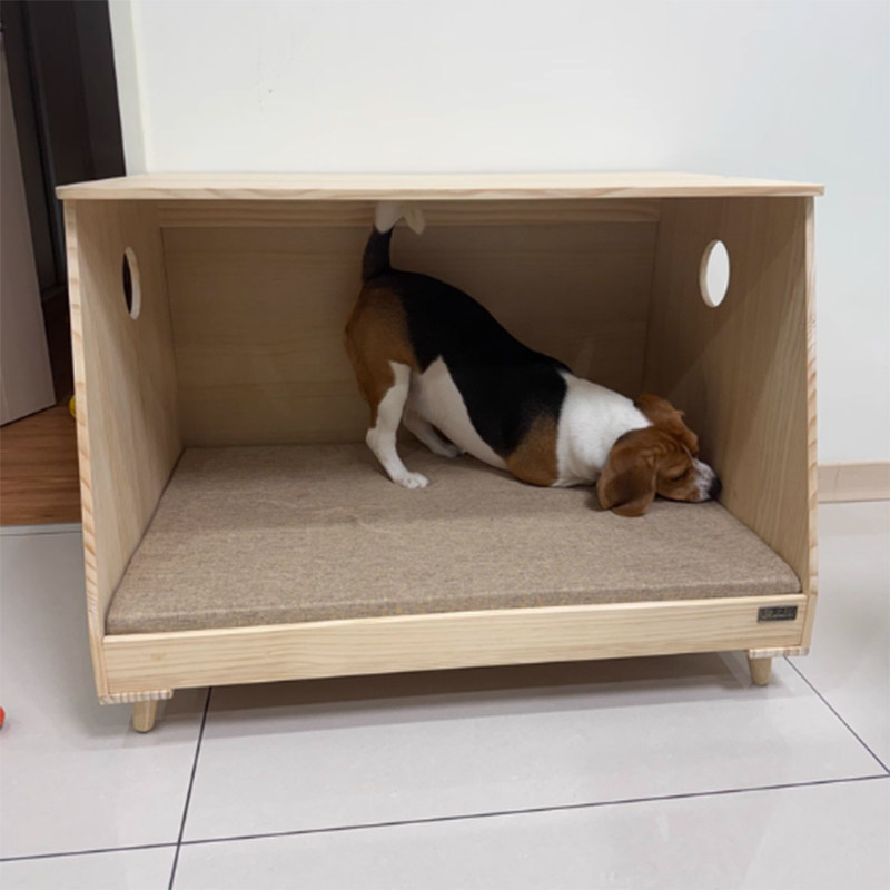 Lit pour chien et chat en tissu coton-lin rectangulaire minimaliste moderne en bois de pin massif pour chambre à coucher 