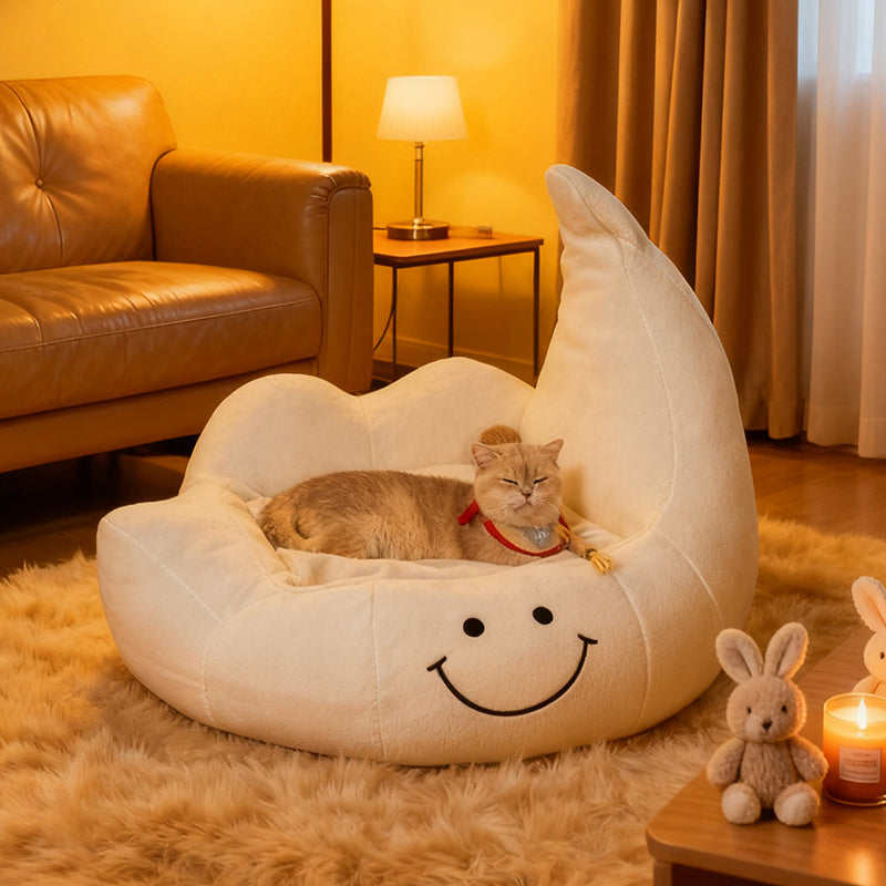 Lit pour chien et chat en éponge velours, contemporain, créatif, incurvé, en forme de lune, pour chambre à coucher 