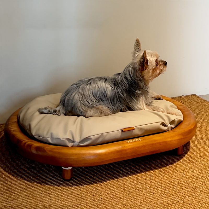 Lit pour chien et chat en cuir effet griffe de chat, bois massif ovale minimaliste moderne et velours, pour chambre à coucher 