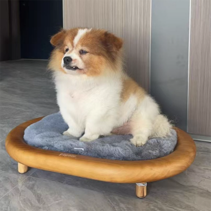 Lit pour chien et chat en cuir effet griffe de chat, bois massif ovale minimaliste moderne et velours, pour chambre à coucher 