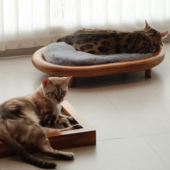 Lit pour chien et chat en cuir effet griffe de chat, bois massif ovale minimaliste moderne et velours, pour chambre à coucher 