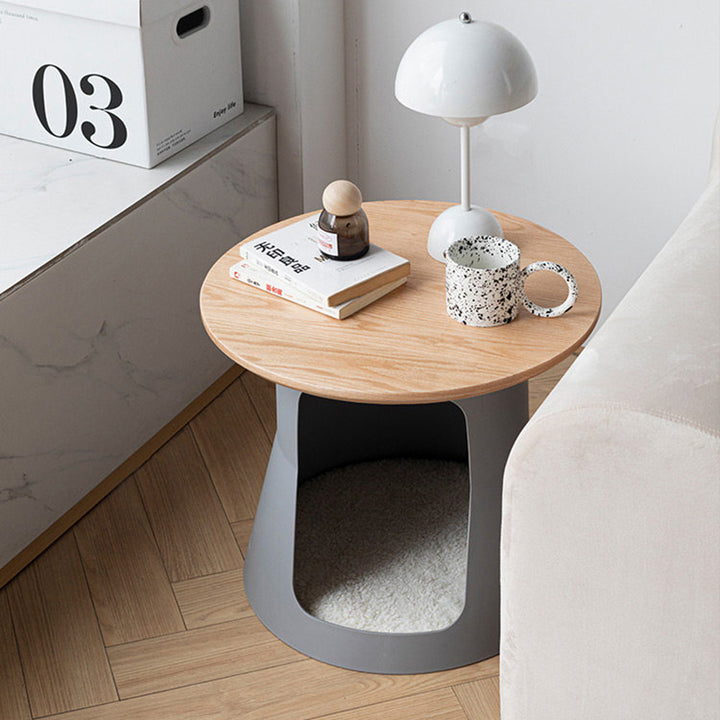 Contemporary Creative Cylindrical Solid White Oak PP Cat Bed Coffee Table 2-Tier For Living Room