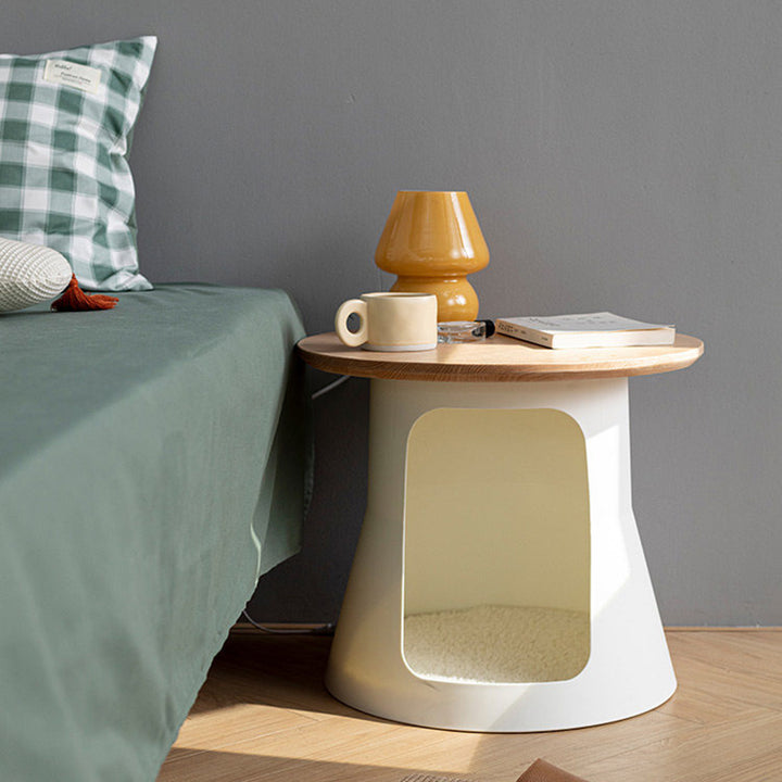 Contemporary Creative Cylindrical Solid White Oak PP Cat Bed Coffee Table 2-Tier For Living Room