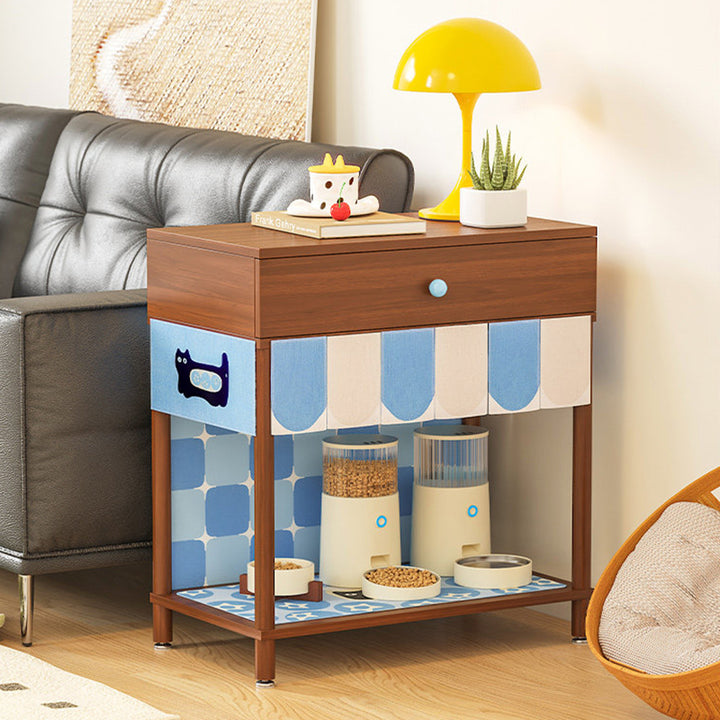 Contemporary Creative Rectangular Cat Pattern Particle Board Fabric Ceramic PU Leather Height-Adjustable Pet Storage Cabinet With 1 Drawer For Living Room