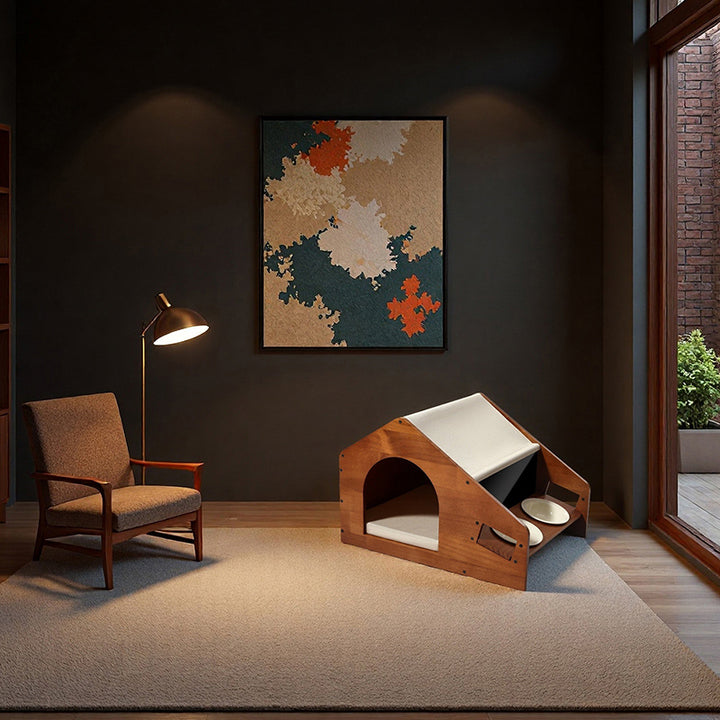 Traditional Chinese House-Shaped Oxford Cloth Pine Wood Acrylic Ceramic Multi-Functional Dog Bed Cat Bed For Bedroom