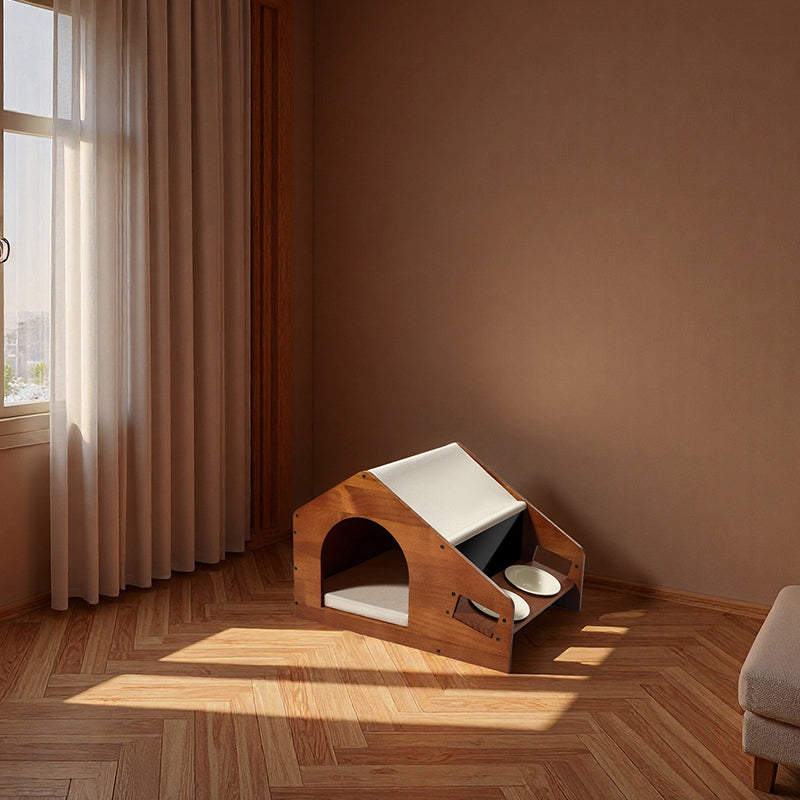 Traditional Chinese House-Shaped Oxford Cloth Pine Wood Acrylic Ceramic Multi-Functional Dog Bed Cat Bed For Bedroom