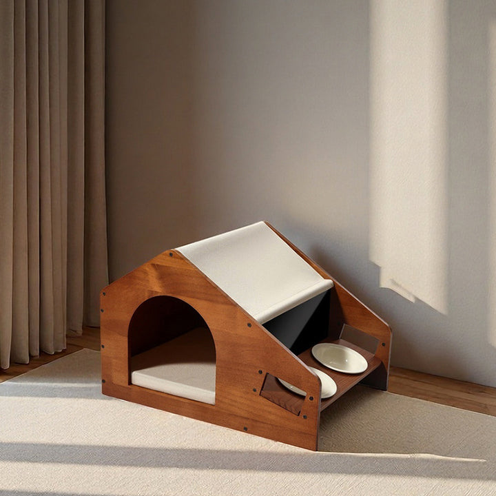 Traditional Chinese House-Shaped Oxford Cloth Pine Wood Acrylic Ceramic Multi-Functional Dog Bed Cat Bed For Bedroom