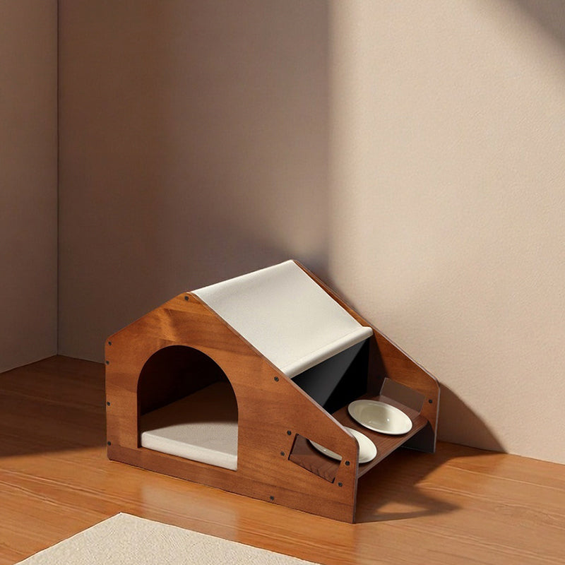 Traditional Chinese House-Shaped Oxford Cloth Pine Wood Acrylic Ceramic Multi-Functional Dog Bed Cat Bed For Bedroom