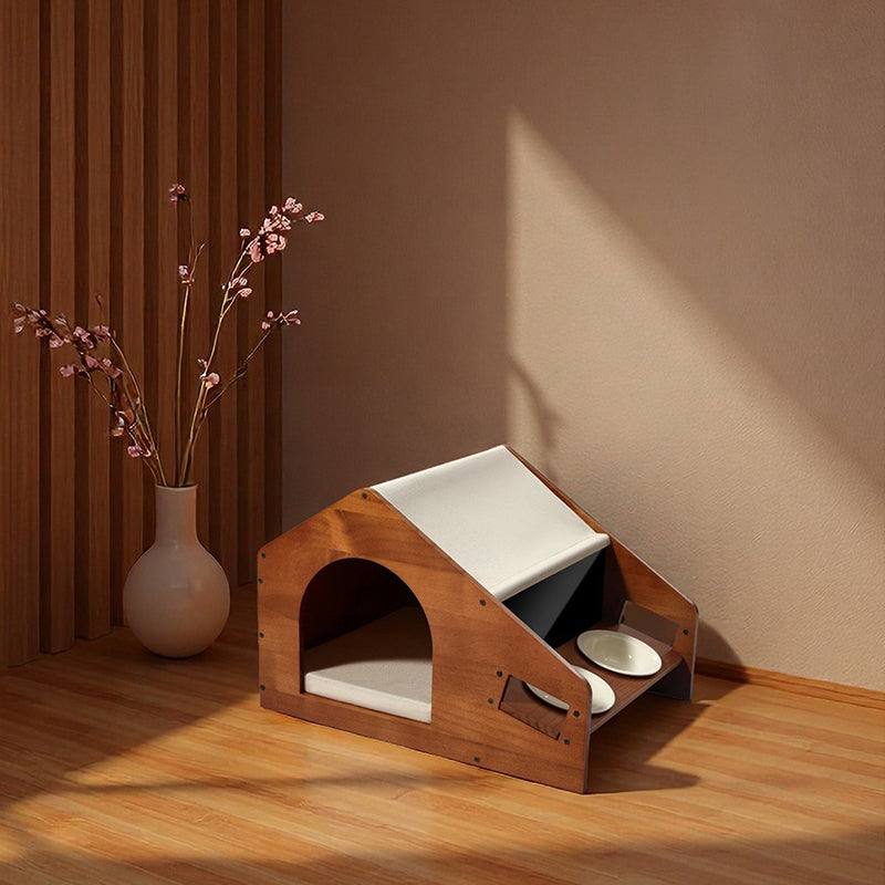 Traditional Chinese House-Shaped Oxford Cloth Pine Wood Acrylic Ceramic Multi-Functional Dog Bed Cat Bed For Bedroom