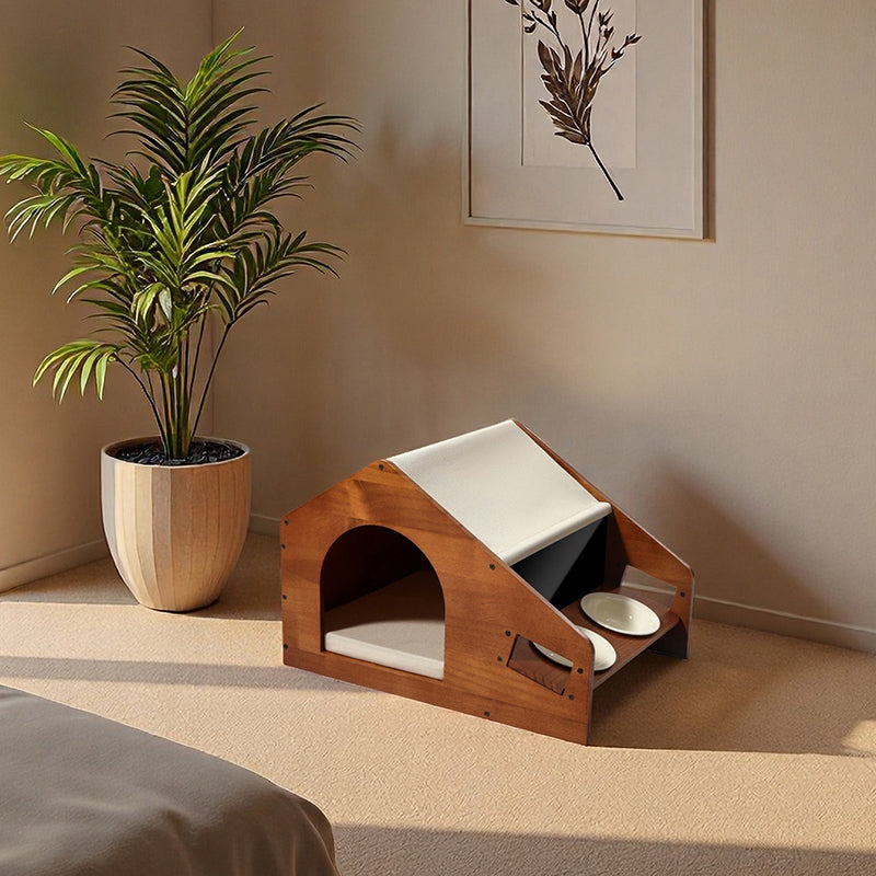 Traditional Chinese House-Shaped Oxford Cloth Pine Wood Acrylic Ceramic Multi-Functional Dog Bed Cat Bed For Bedroom