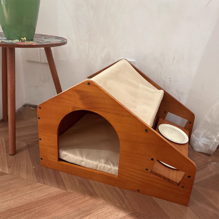 Traditional Chinese House-Shaped Oxford Cloth Pine Wood Acrylic Ceramic Multi-Functional Dog Bed Cat Bed For Bedroom