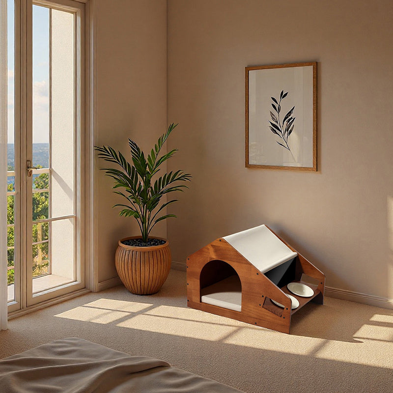 Traditional Chinese House-Shaped Oxford Cloth Pine Wood Acrylic Ceramic Multi-Functional Dog Bed Cat Bed For Bedroom