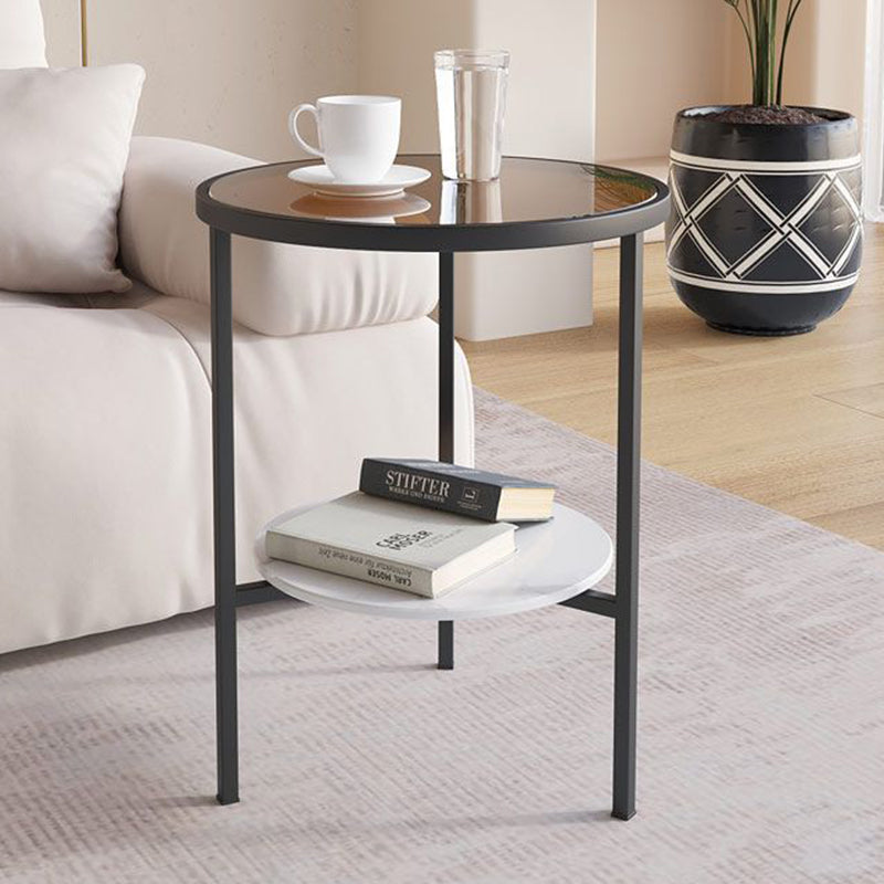 Moderner minimalistischer zylindrischer runder Glastisch mit Steintischplatte und Eisengestell, 2 Ebenen für das Wohnzimmer 