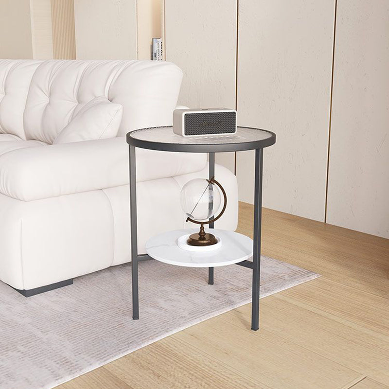 Moderner minimalistischer zylindrischer runder Glastisch mit Steintischplatte und Eisengestell, 2 Ebenen für das Wohnzimmer 