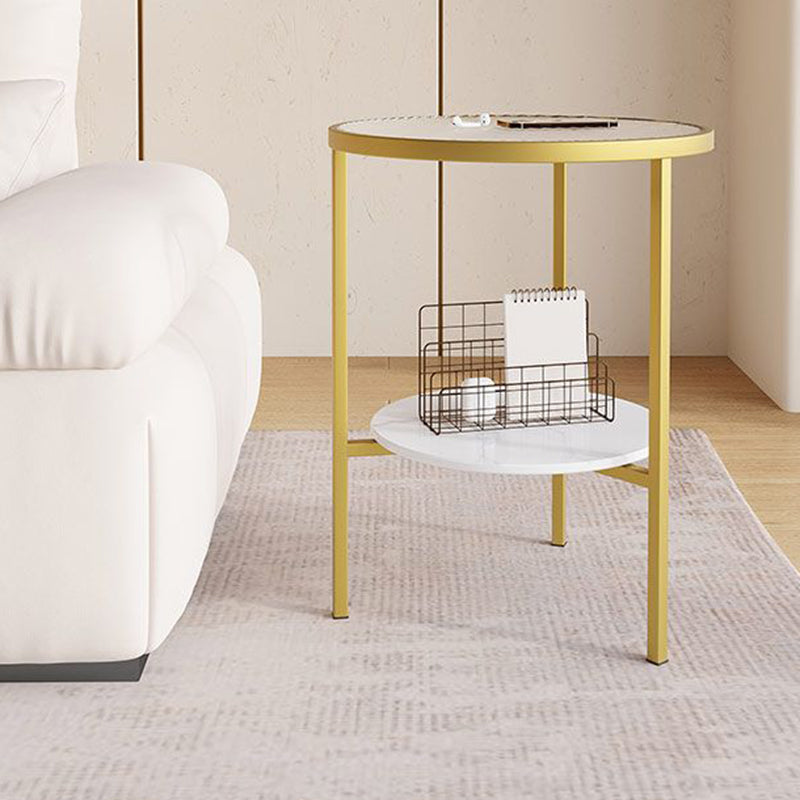 Moderner minimalistischer zylindrischer runder Glastisch mit Steintischplatte und Eisengestell, 2 Ebenen für das Wohnzimmer 