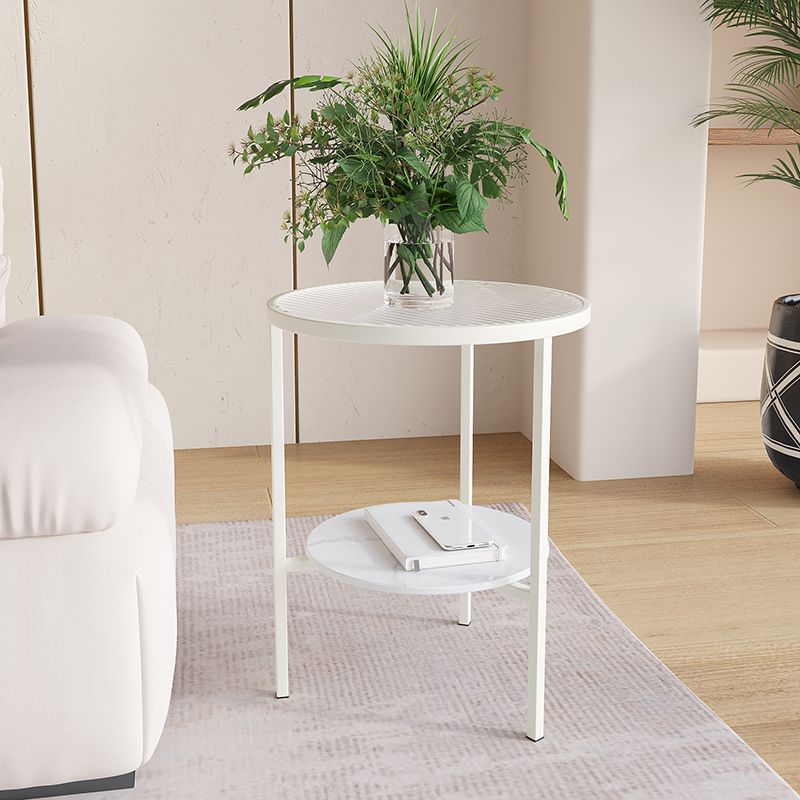 Moderner minimalistischer zylindrischer runder Glastisch mit Steintischplatte und Eisengestell, 2 Ebenen für das Wohnzimmer 