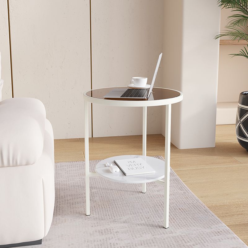 Moderner minimalistischer zylindrischer runder Glastisch mit Steintischplatte und Eisengestell, 2 Ebenen für das Wohnzimmer 