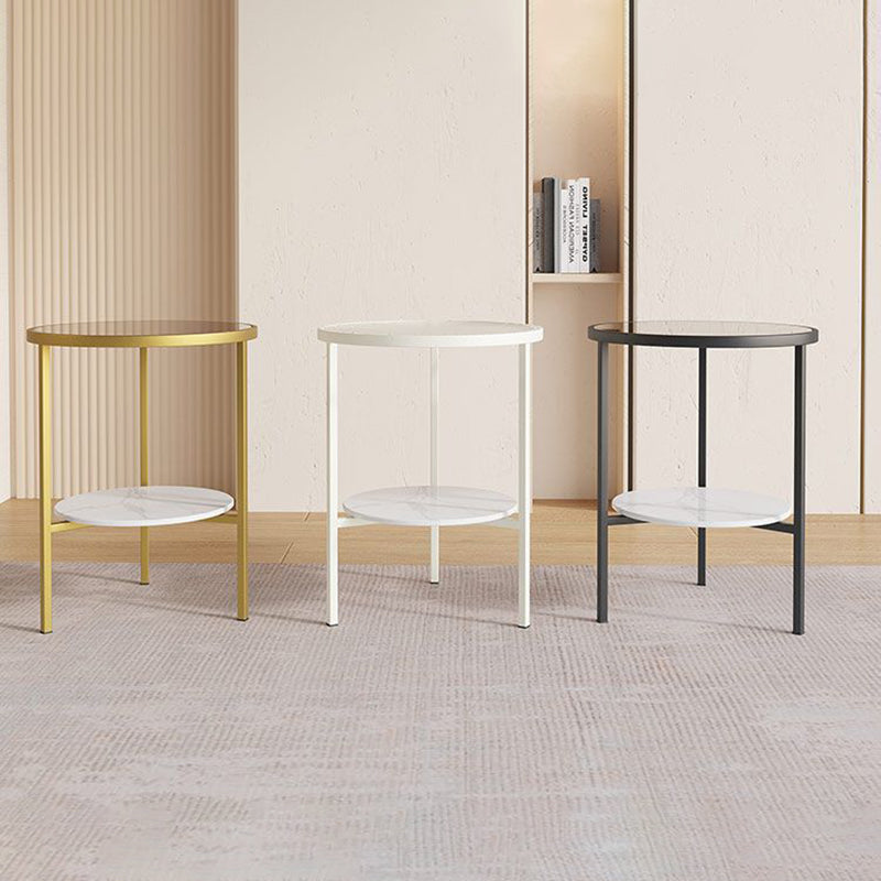 Moderner minimalistischer zylindrischer runder Glastisch mit Steintischplatte und Eisengestell, 2 Ebenen für das Wohnzimmer 
