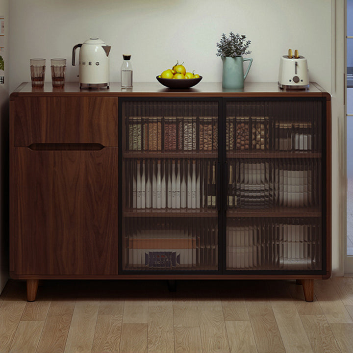 Modern Minimalist Rectangular Solid Wood Particle Board Glass Storage Cabinet 4-Tier For Living Room