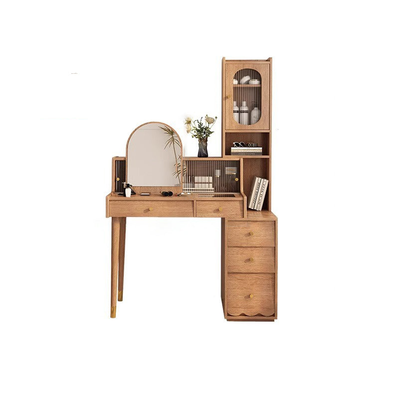 Contemporary Nordic Rectangular Plywood Rubberwood Acrylic Tempered Glass Extendable Makeup Vanity 5-Drawer For Bedroom