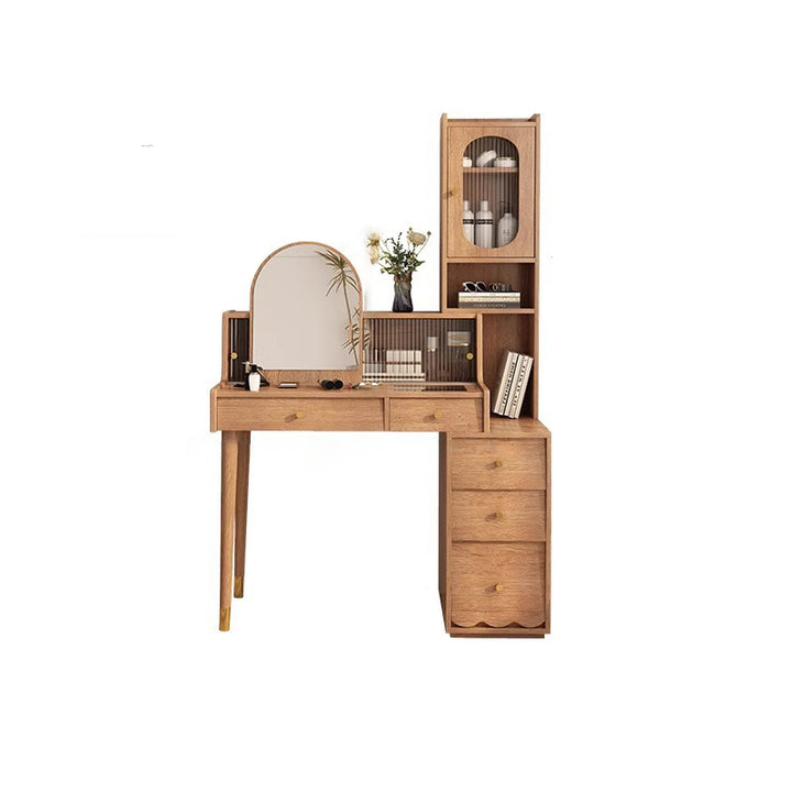 Contemporary Nordic Rectangular Plywood Rubberwood Acrylic Tempered Glass Extendable Makeup Vanity 5-Drawer For Bedroom