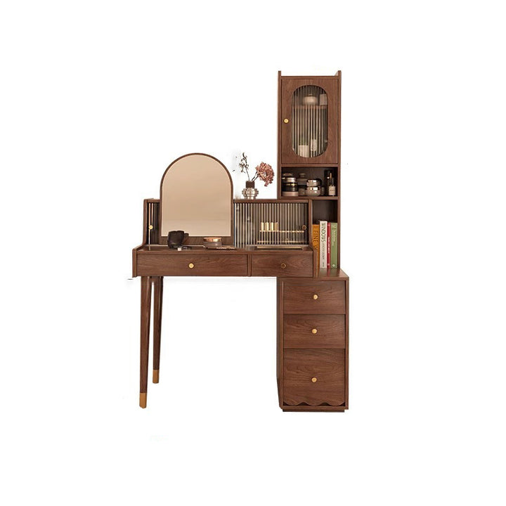 Contemporary Nordic Rectangular Plywood Rubberwood Acrylic Tempered Glass Extendable Makeup Vanity 5-Drawer For Bedroom