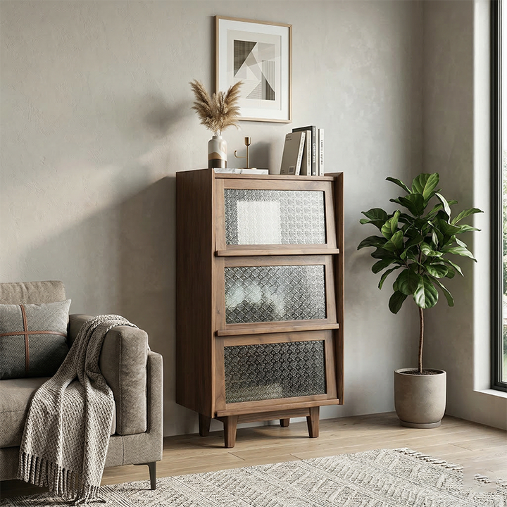 Modern Minimalist Rectangular Solid North American Black Walnut Wood Glass Storage Cabinet 3-Storage For Living Room