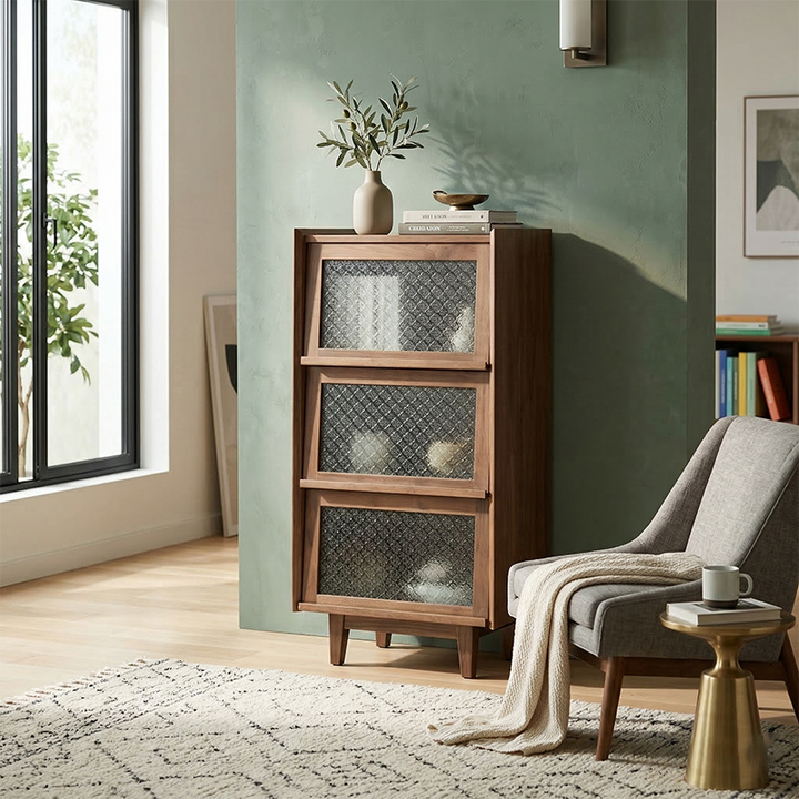 Modern Minimalist Rectangular Solid North American Black Walnut Wood Glass Storage Cabinet 3-Storage For Living Room