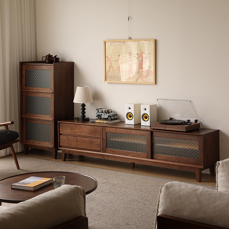 Modern Minimalist Rectangular Solid North American Black Walnut Wood Glass Storage Cabinet 3-Storage For Living Room