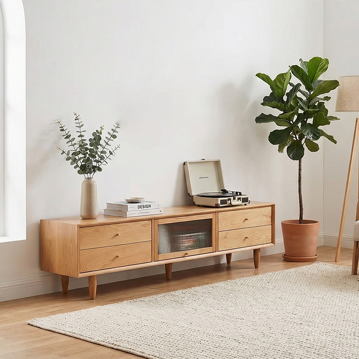 Zeitgenössisches nordisches rechteckiges TV-Lowboard aus massivem Kirschholz und Glas mit 4 Schubladen für das Wohnzimmer 