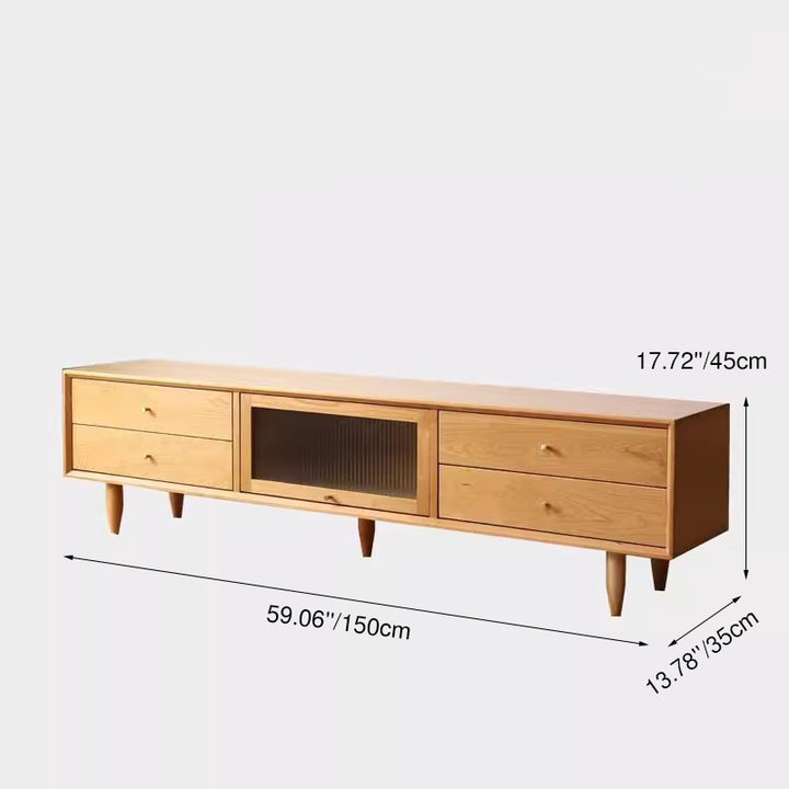 Zeitgenössisches nordisches rechteckiges TV-Lowboard aus massivem Kirschholz und Glas mit 4 Schubladen für das Wohnzimmer 
