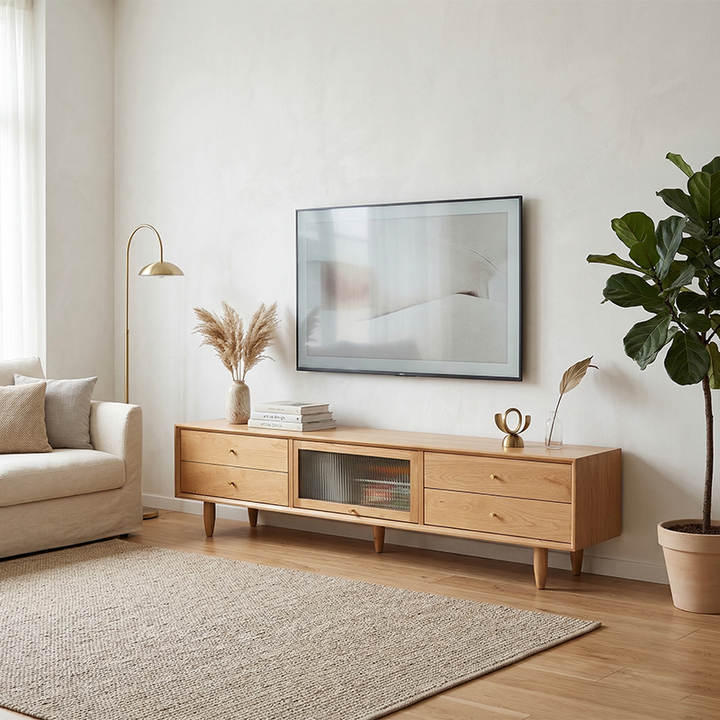 Zeitgenössisches nordisches rechteckiges TV-Lowboard aus massivem Kirschholz und Glas mit 4 Schubladen für das Wohnzimmer 