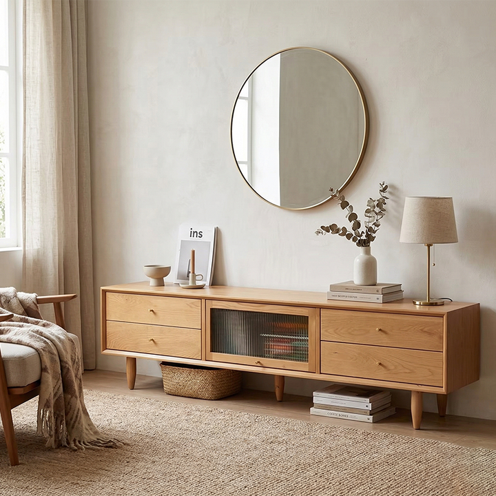 Zeitgenössisches nordisches rechteckiges TV-Lowboard aus massivem Kirschholz und Glas mit 4 Schubladen für das Wohnzimmer 