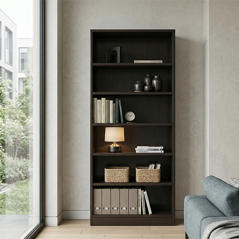 Bibliothèque rectangulaire minimaliste moderne en bois massif et panneau écologique à 6 niveaux pour la maison et le bureau 