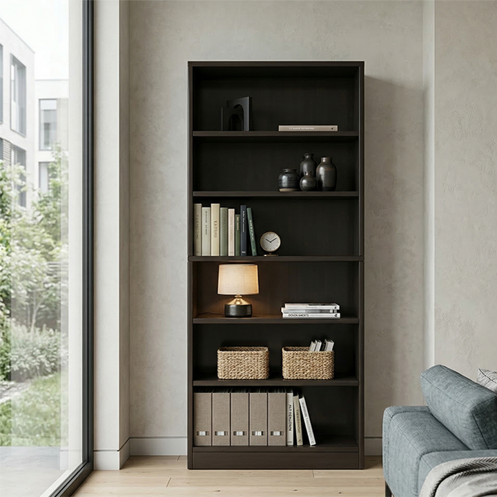 Bibliothèque rectangulaire minimaliste moderne en bois massif et panneau écologique à 6 niveaux pour la maison et le bureau 