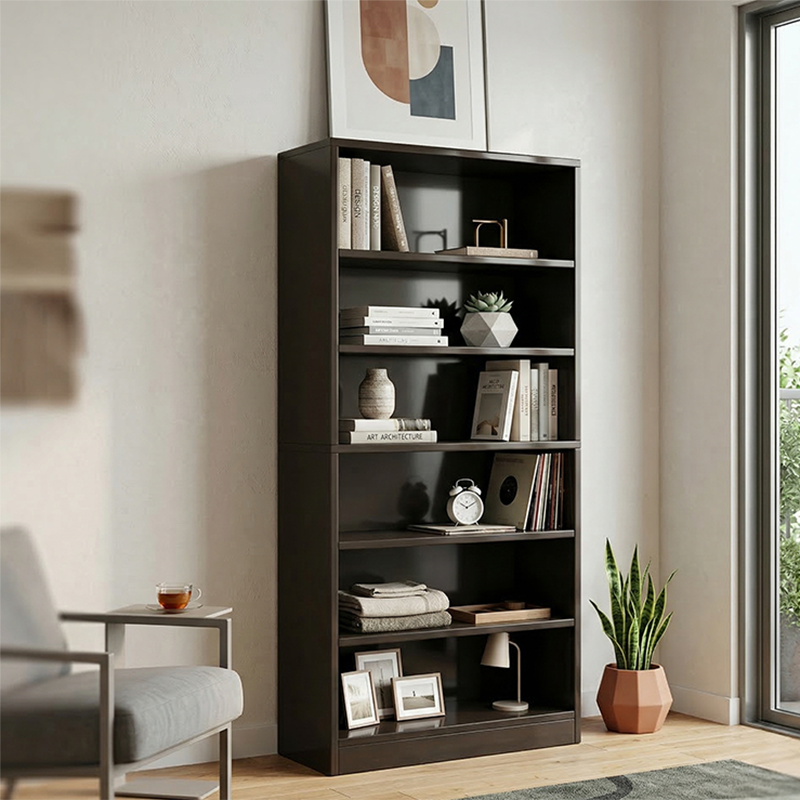 Bibliothèque rectangulaire minimaliste moderne en bois massif et panneau écologique à 6 niveaux pour la maison et le bureau 