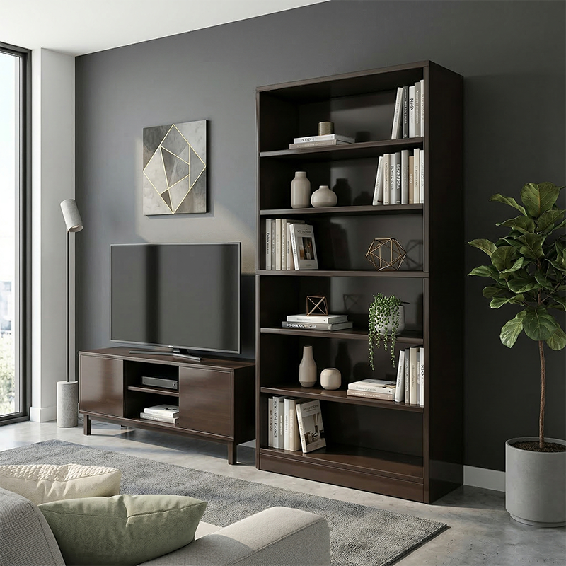 Bibliothèque rectangulaire minimaliste moderne en bois massif et panneau écologique à 6 niveaux pour la maison et le bureau 