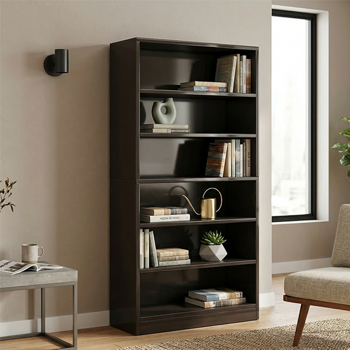 Bibliothèque rectangulaire minimaliste moderne en bois massif et panneau écologique à 6 niveaux pour la maison et le bureau 