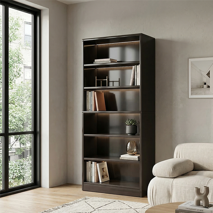 Bibliothèque rectangulaire minimaliste moderne en bois massif et panneau écologique à 6 niveaux pour la maison et le bureau 